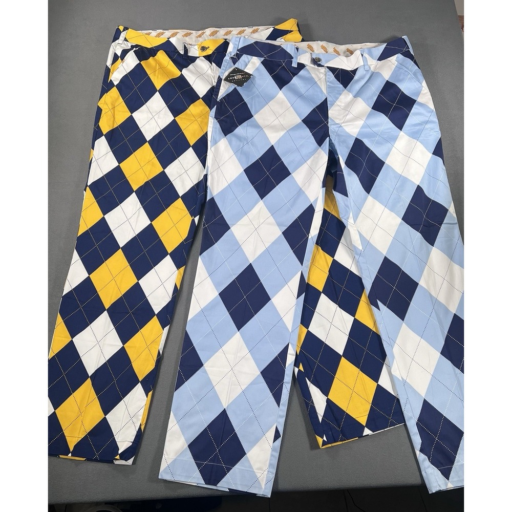 Loudmouth Golf Pants Lot 2 Mens 42x34 Argyle Blue Yellow White Cotton Prep Golf
